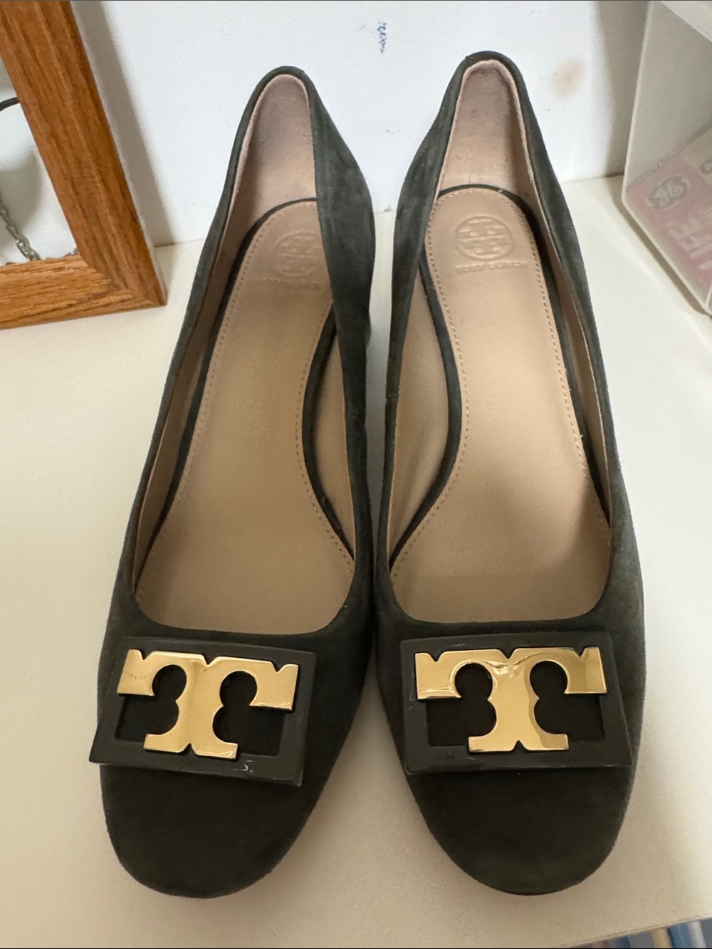 Tory Burch Dark Olive Suede Logo Pumps